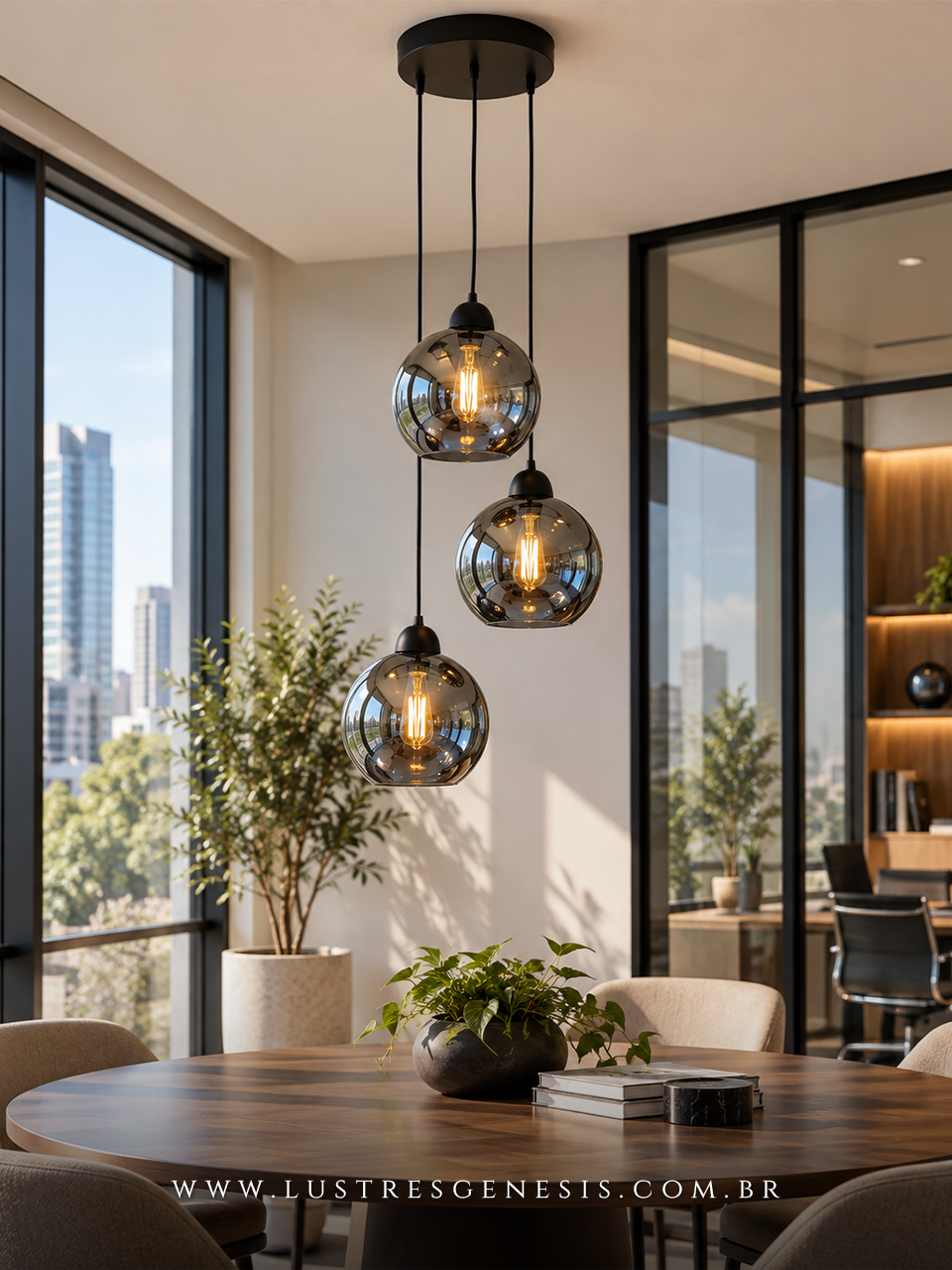 Lustre pendente Sarvah com 3 globos de vidro, instalado em sala de estar próxima à escada, destacando design moderno e sofisticado.